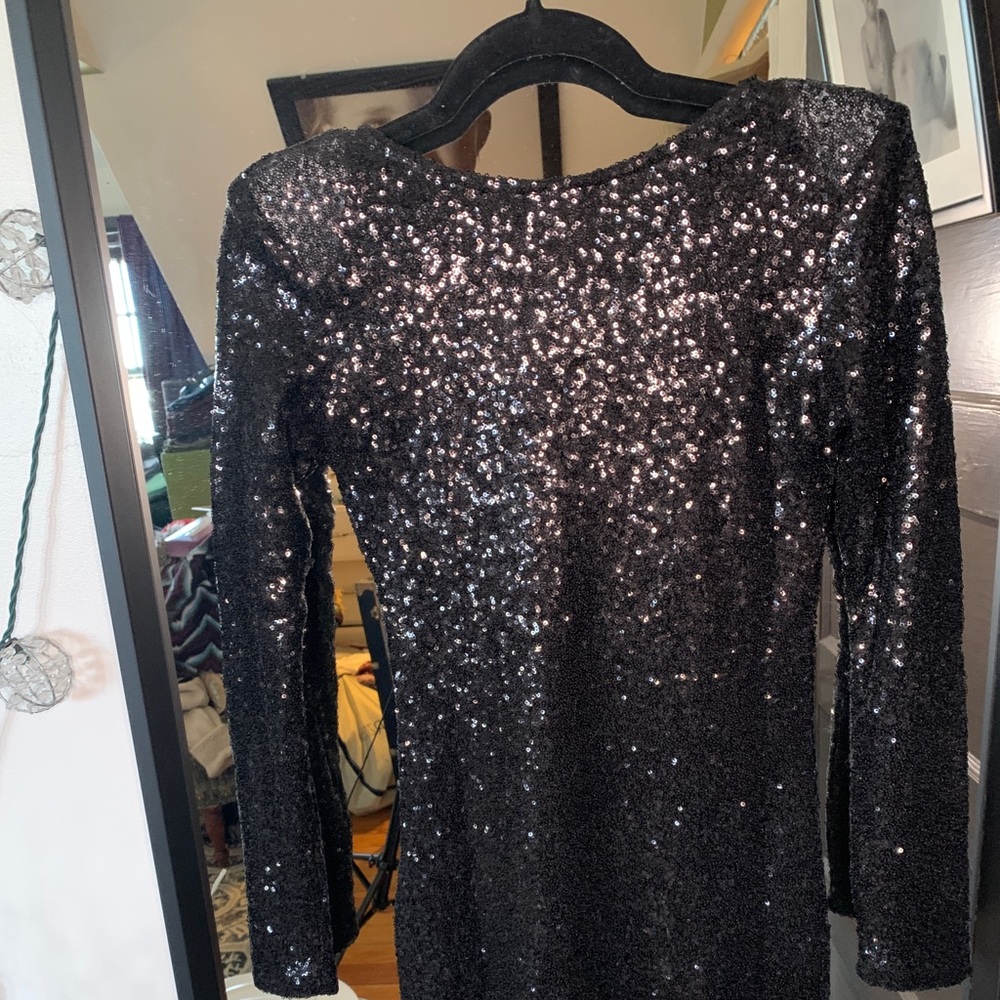 Long Sleeve Low back black sequence dress